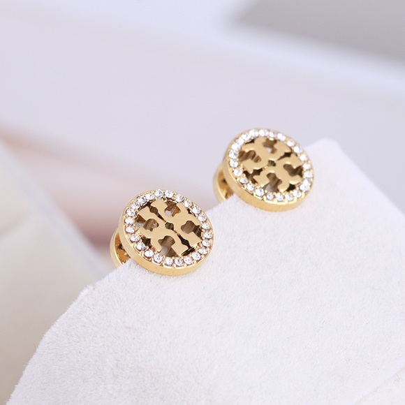 Tory Burch Gold Miller Pave Circle-Stud Earrings - Picture 7 of 14
